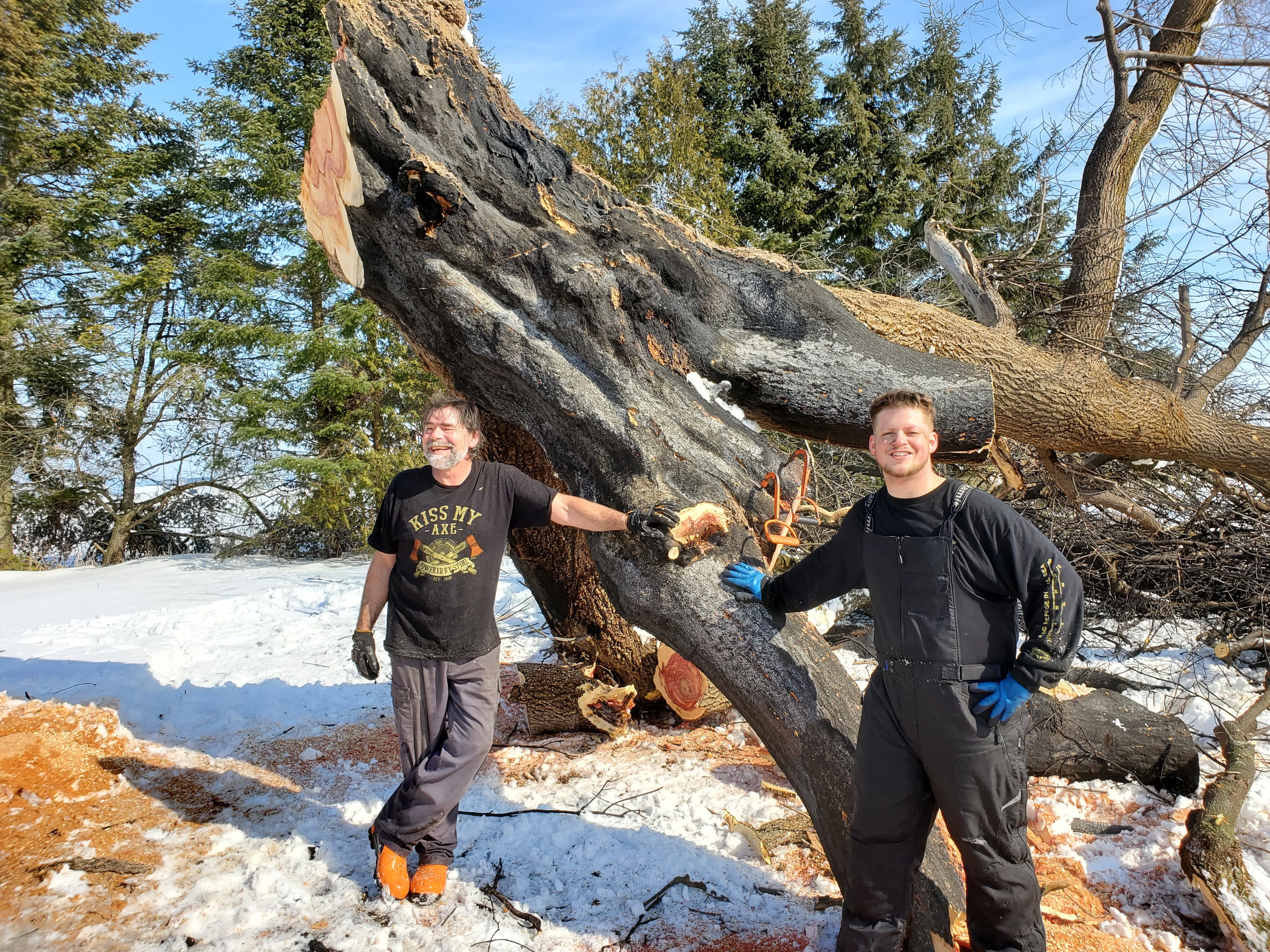 Two men standing next to a burnt tree.